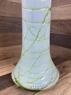 Loetz Kralik Large 18 Veined Threaded Green & Opalescent White Vase Art Nouveau