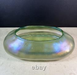 Loetz Olympia Art Nouveau Iridescent Green Art Glass vase Bowl Glows 12