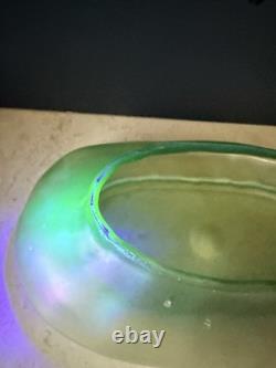 Loetz Olympia Art Nouveau Iridescent Green Art Glass vase Bowl Glows 12