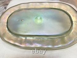 Loetz Olympia Art Nouveau Iridescent Green Art Glass vase Bowl Glows 12