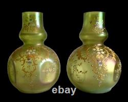 Loetz Olympia Iridescent Enamelled Green Pair Of Vases Art Nouveau Dimpled Vases