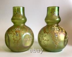 Loetz Olympia Iridescent Enamelled Green Pair Of Vases Art Nouveau Dimpled Vases