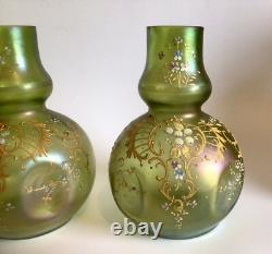 Loetz Olympia Iridescent Enamelled Green Pair Of Vases Art Nouveau Dimpled Vases