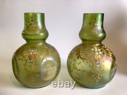 Loetz Olympia Iridescent Enamelled Green Pair Of Vases Art Nouveau Dimpled Vases