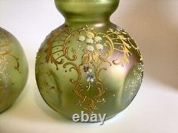 Loetz Olympia Iridescent Enamelled Green Pair Of Vases Art Nouveau Dimpled Vases