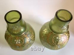 Loetz Olympia Iridescent Enamelled Green Pair Of Vases Art Nouveau Dimpled Vases