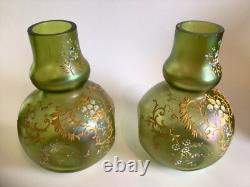 Loetz Olympia Iridescent Enamelled Green Pair Of Vases Art Nouveau Dimpled Vases
