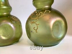 Loetz Olympia Iridescent Enamelled Green Pair Of Vases Art Nouveau Dimpled Vases