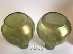 Loetz Olympia Iridescent Enamelled Green Pair Of Vases Art Nouveau Dimpled Vases