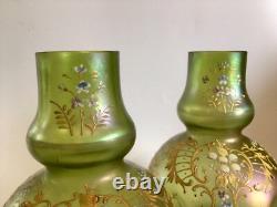 Loetz Olympia Iridescent Enamelled Green Pair Of Vases Art Nouveau Dimpled Vases
