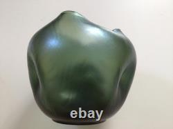 Loetz Style Art Nouveau iridescent green glass pinched vase
