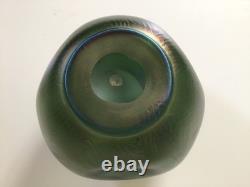 Loetz Style Art Nouveau iridescent green glass pinched vase