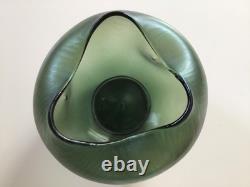Loetz Style Art Nouveau iridescent green glass pinched vase