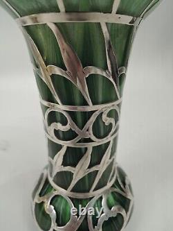 Loetz Titania Vase Antique Art Nouveau Austrian Green Glass Silver Overlay