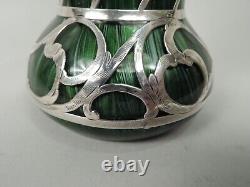 Loetz Titania Vase Antique Art Nouveau Austrian Green Glass Silver Overlay