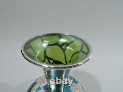 Loetz Vase Antique Art Nouveau Austrian Blue Green Glass Silver Overlay