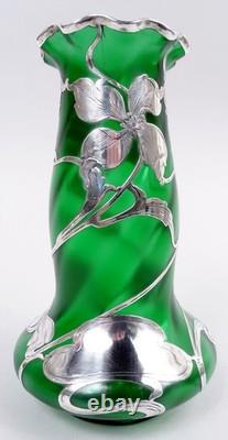 Loetz Vase Antique Art Nouveau Austrian Green Glass American Silver Overlay