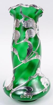 Loetz Vase Antique Art Nouveau Austrian Green Glass American Silver Overlay