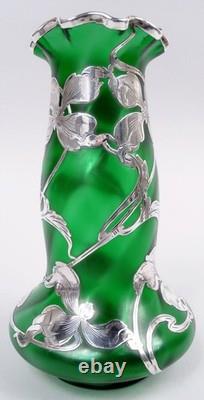Loetz Vase Antique Art Nouveau Austrian Green Glass American Silver Overlay