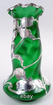 Loetz Vase Antique Art Nouveau Austrian Green Glass American Silver Overlay