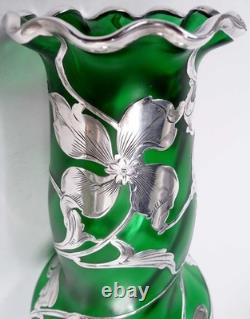Loetz Vase Antique Art Nouveau Austrian Green Glass American Silver Overlay