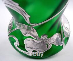 Loetz Vase Antique Art Nouveau Austrian Green Glass American Silver Overlay