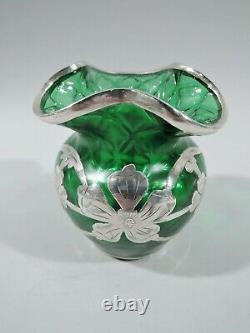Loetz Vase Antique Art Nouveau Bohemian Green Quilted Glass Silver Overlay