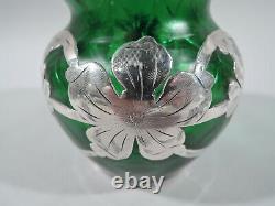 Loetz Vase Antique Art Nouveau Bohemian Green Quilted Glass Silver Overlay