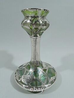 Loetz Vase Art Nouveau Antique Austrian Bohemian Green Glass Silver Overlay