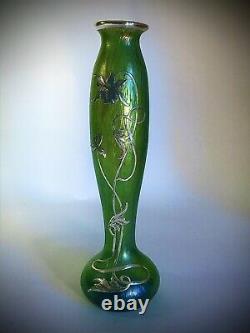 Loetz Vase In Iridescent Papillon Green Glass With Beautiful Real Silver Overlay
