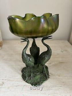 Loetz glass Bowl iridescent Art Nouveau Jugendstil Bronzed Metal Stork Stand