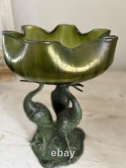 Loetz glass Bowl iridescent Art Nouveau Jugendstil Bronzed Metal Stork Stand