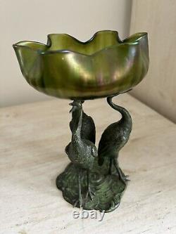 Loetz glass Bowl iridescent Art Nouveau Jugendstil Bronzed Metal Stork Stand