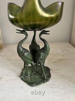 Loetz glass Bowl iridescent Art Nouveau Jugendstil Bronzed Metal Stork Stand