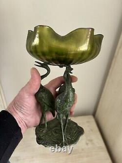 Loetz glass Bowl iridescent Art Nouveau Jugendstil Bronzed Metal Stork Stand