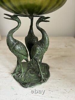 Loetz glass Bowl iridescent Art Nouveau Jugendstil Bronzed Metal Stork Stand