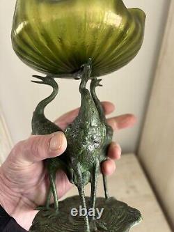 Loetz glass Bowl iridescent Art Nouveau Jugendstil Bronzed Metal Stork Stand