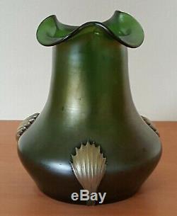 Loetz green iridescent glass vintage Art Nouveau antique vase
