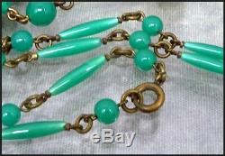 Long Vintage Art Deco Era Green Bohemian Glass & Brass Square Beads Necklace
