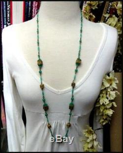 Long Vintage Art Deco Era Green Bohemian Glass & Brass Square Beads Necklace