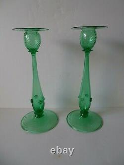 Look Sale $249.99 Steuben 12 Green Swirl Candlesticks #6043 Both Signed