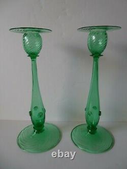 Look Sale $249.99 Steuben 12 Green Swirl Candlesticks #6043 Both Signed