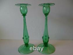 Look Sale $249.99 Steuben 12 Green Swirl Candlesticks #6043 Both Signed