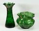 Lot Of 2 Old Antique Art Nouveau Iridescent Green Bohemian European Glass Vases