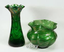 Lot Of 2 Old Antique Art Nouveau Iridescent Green Bohemian European Glass Vases