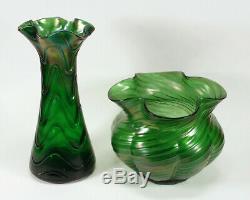 Lot Of 2 Old Antique Art Nouveau Iridescent Green Bohemian European Glass Vases