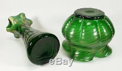 Lot Of 2 Old Antique Art Nouveau Iridescent Green Bohemian European Glass Vases