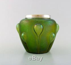 Lötz art nouveau vase in iridescent art glass with silver edge