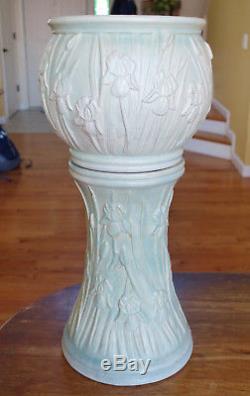 Lovely Antique Art Pottery Iris Jardiniere & Pedestal Set Celadon Glaze 22