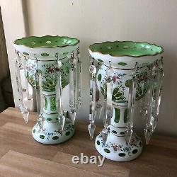Lovely Antique Bohemian Glass Green Lusters Pair possibly Moser